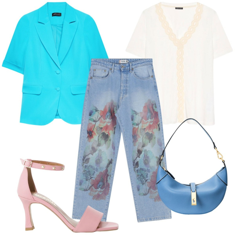 Outfit donna - Total look #2182968. Stile Trendy per Tutti i giorni. Abbinamento con jeans dritti, sandali col tacco, borse a spalla, t-shirt, blazer.