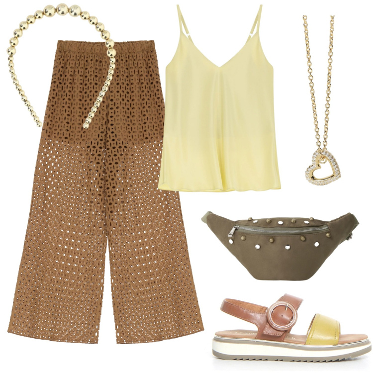 Outfit donna - Dixie a Positano. Stile Casual chic per Tutti i giorni. Abbinamento con collane, marsupi, pantaloni a palazzo, cerchietti, top, sandali.