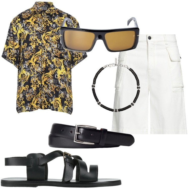 Outfit uomo - Estate in città. Stile Urban per Tutti i giorni. Abbinamento con camicie a manica corta, sandali, shorts, braccialetti, cinture, occhiali da sole.