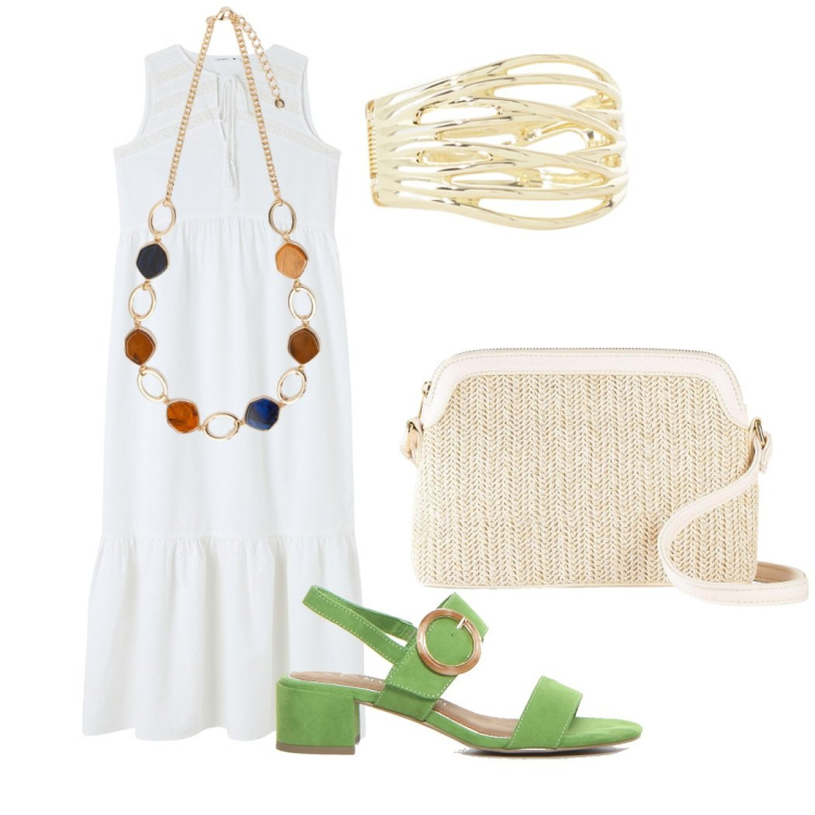 Outfit donna - Total white con un po\' di colore. Stile Casual chic per Tutti i giorni. Abbinamento con borse a tracolla, vestiti, braccialetti, collane, sandali col tacco.