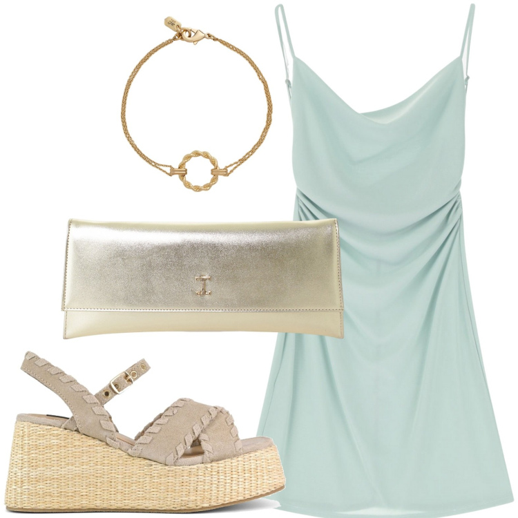 Outfit donna - Serata all’aperto con stile. Stile Minimal per Serata fuori. Abbinamento con vestiti corti, pochette, braccialetti, zeppe.