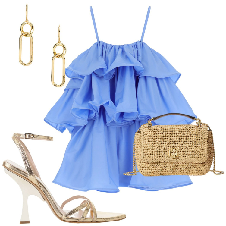 Outfit donna - Serata all’aperto con stile. Stile Glamour per Serata fuori. Abbinamento con vestiti corti, sandali col tacco, borse a spalla, orecchini.
