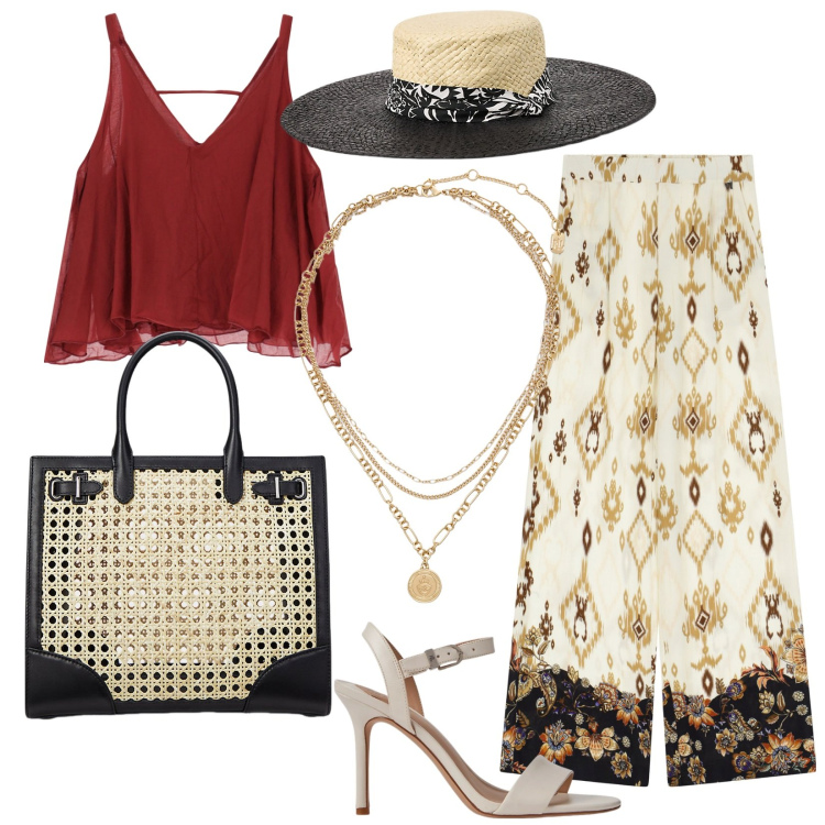 Outfit donna - A Positano. Stile Glamour per Mare. Abbinamento con top, pantaloni, ciondoli, sandali in pelle, borse tote, cappelli.