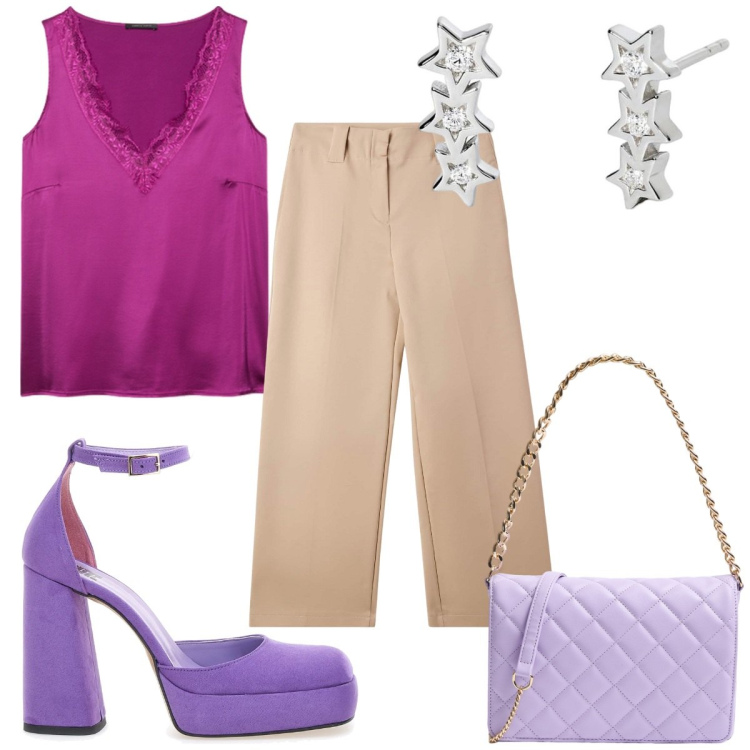 Outfit donna - Total look #2182989. Stile Trendy per Tutti i giorni. Abbinamento con pantaloni a palazzo, borse a tracolla, orecchini, décolleté, top.