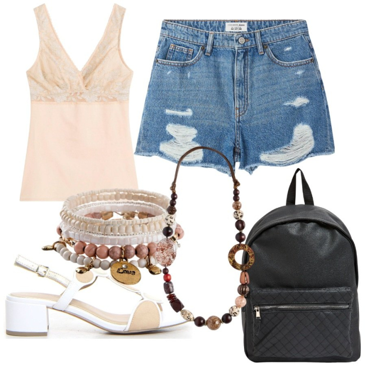 Outfit donna - serata fuori. Stile Bon Ton per Serata fuori. Abbinamento con braccialetti, top, shorts, zaini, sandali col tacco, collane.