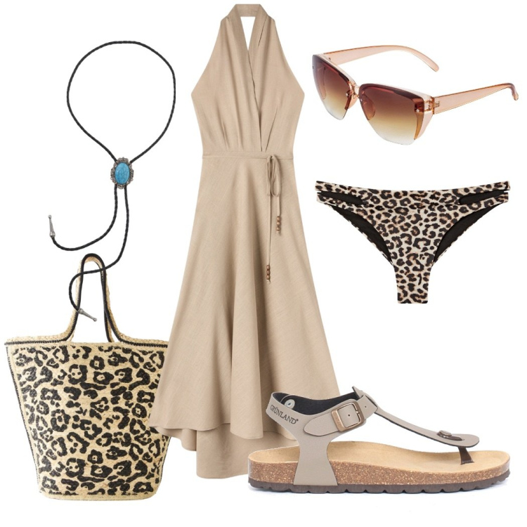 Outfit donna - Maxi dress- animalier in vacanza. Stile Casual per Mare. Abbinamento con occhiali da sole, shopping bag, bikini, vestiti lunghi, collane, sandali.