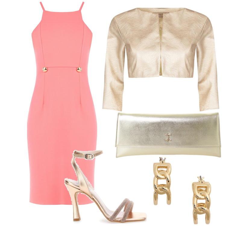 Outfit donna - Testimone di nozze. Stile Chic per Cerimonia. Abbinamento con bolero, vestiti, pochette, orecchini, sandali col tacco.