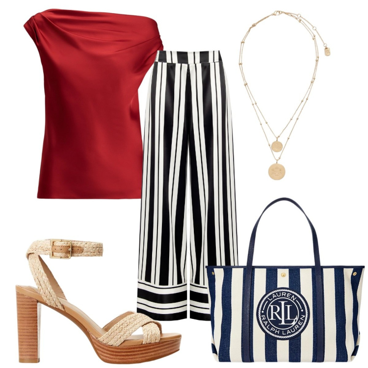Outfit donna - Total look #2182999. Stile Trendy per Tutti i giorni. Abbinamento con pantaloni a palazzo, top, ciondoli, borse tote, sandali.