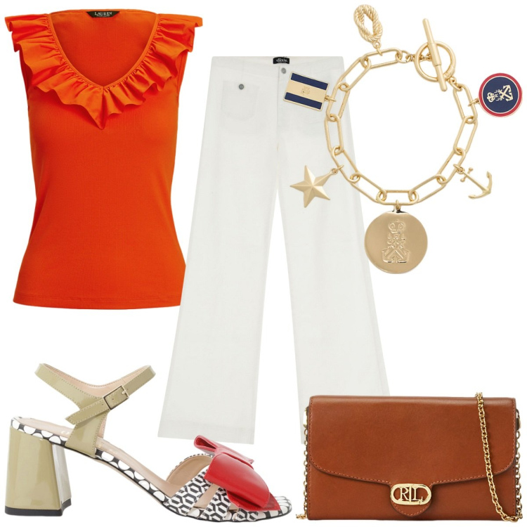 Outfit donna - Total look #2183001. Stile Trendy per Tutti i giorni. Abbinamento con pantaloni a palazzo, sandali col tacco, borse a tracolla, top, braccialetti con ciondoli.