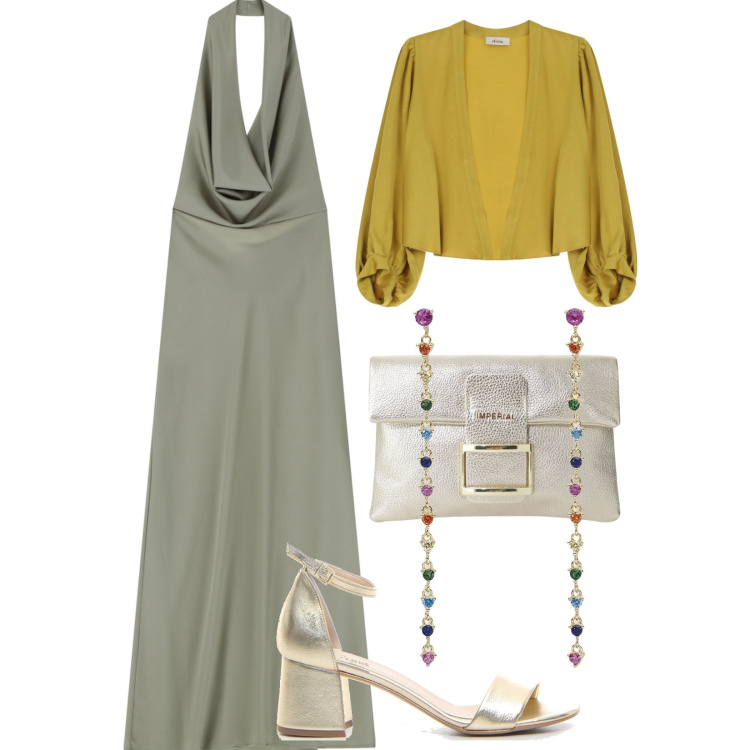 Outfit donna - Maxi dress per le vacanze. Stile Minimal per Serata fuori. Abbinamento con orecchini, vestiti lunghi, pochette, gilet, sandali col tacco.