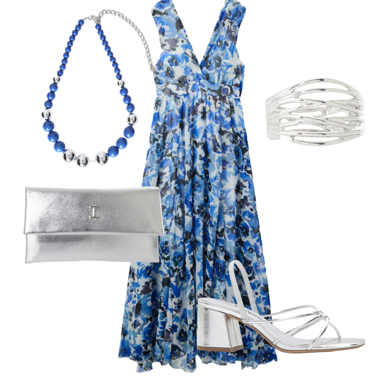 Outfit donna - Silver dream. Stile Romantica per Serata fuori. Abbinamento con sandali col tacco, vestiti lunghi, pochette, braccialetti, collane.