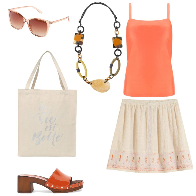 Outfit donna - Un tocco di arancio. Stile Preppy per Tutti i giorni. Abbinamento con occhiali da sole, minigonne, borse tote, canottiere, zoccoli, collane.