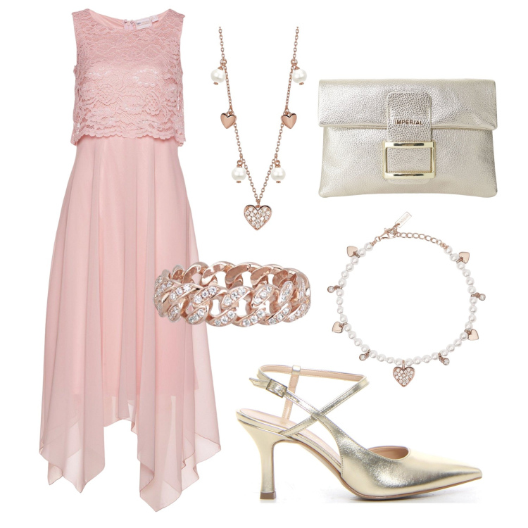 Outfit donna - Chiffon rosa e luce platino. Stile Chic per Serata fuori. Abbinamento con vestiti midi/longuette, collane, braccialetti, anelli, pochette, sandali col tacco.
