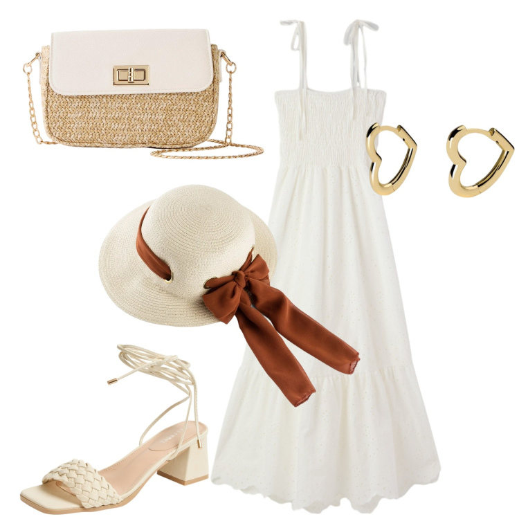 Outfit donna - Gita in campagna. Stile Romantica per Tutti i giorni. Abbinamento con cappelli, shopping bag, sandali alla schiava, vestiti midi/longuette, orecchini.