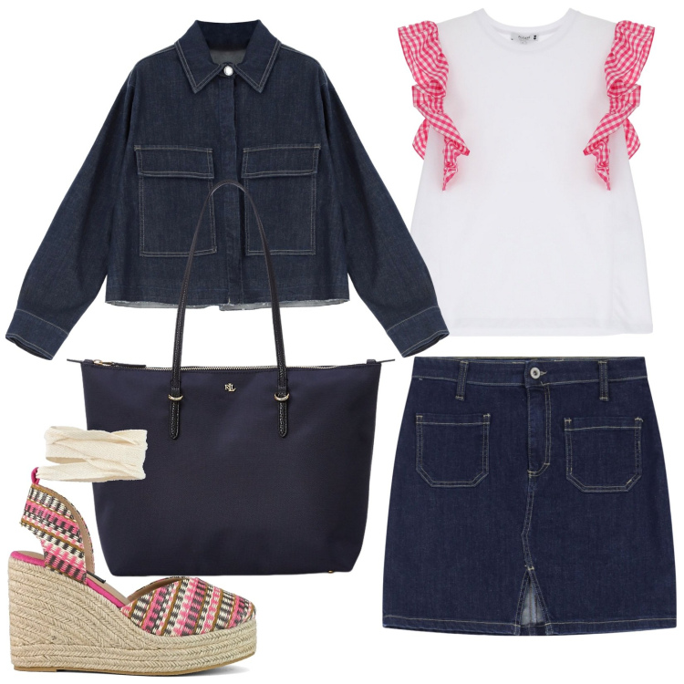 Outfit donna - Denim d\'estate. Stile Casual per Tutti i giorni. Abbinamento con blazer, minigonne, maglieria, borse tote, zeppe.