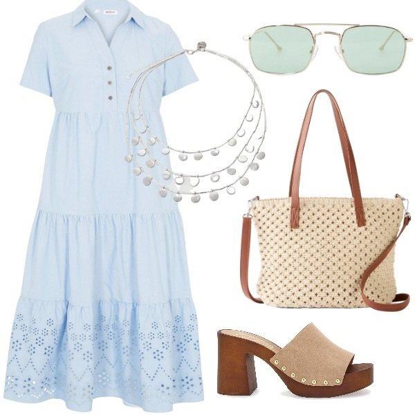 Outfit donna - A spasso per la città. Stile Casual per Tutti i giorni. Abbinamento con vestiti, borse a mano, occhiali da sole, ciondoli, zoccoli.