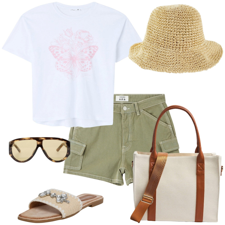 Outfit donna - Liberty. Stile Sporty chic per Tutti i giorni. Abbinamento con cappelli, pantaloni corti, t-shirt, ciabatte, shopping bag, occhiali da sole.