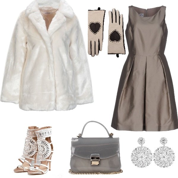 Outfit donna - Trendy #30085. Stile Trendy per Serata fuori. Abbinamento con vestiti midi/longuette, ecopelliccia, borsa a tracolla con logo frontale grigio, guanti con borchie grigio, sandali in raso rosa e oro, orecchini in argento 925.