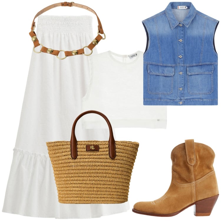 Outfit donna - Etnicamente denim. Stile Etnico per Tutti i giorni. Abbinamento con gonne lunghe, blazer, top, cinture, stivaletti, borse tote.