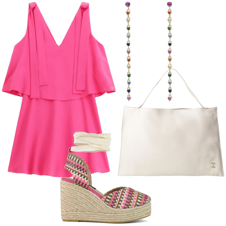 Outfit donna - Total look #2183038. Stile Trendy per Tutti i giorni. Abbinamento con orecchini, vestiti corti, borse a spalla, zeppe.
