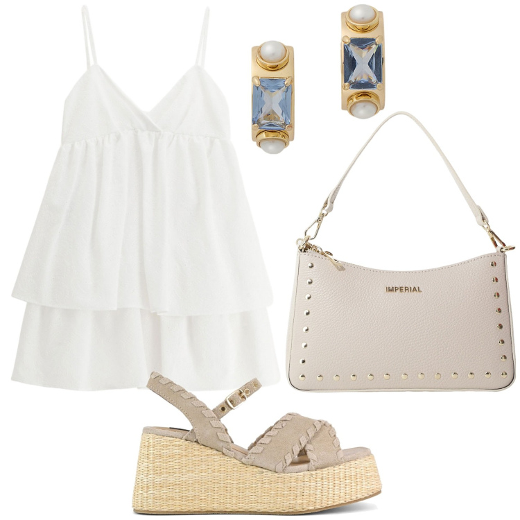Outfit donna - Profumo di mare. Stile Minimal per Tutti i giorni. Abbinamento con vestiti corti, borse a spalla, orecchini, zeppe.