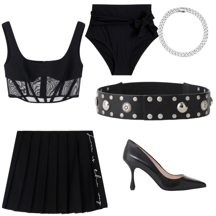 Outfit donna - Serata partner. Stile Sexy per Serata fuori. Abbinamento con braccialetti, top, minigonne, décolleté, cinture, culotte.