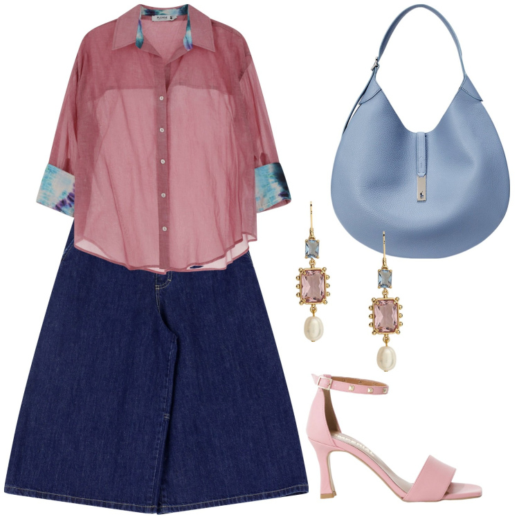 Outfit donna - Aperitivo serale. Stile Casual chic Abbinamento con camicie, bermuda, sandali col tacco, borse a spalla, orecchini.