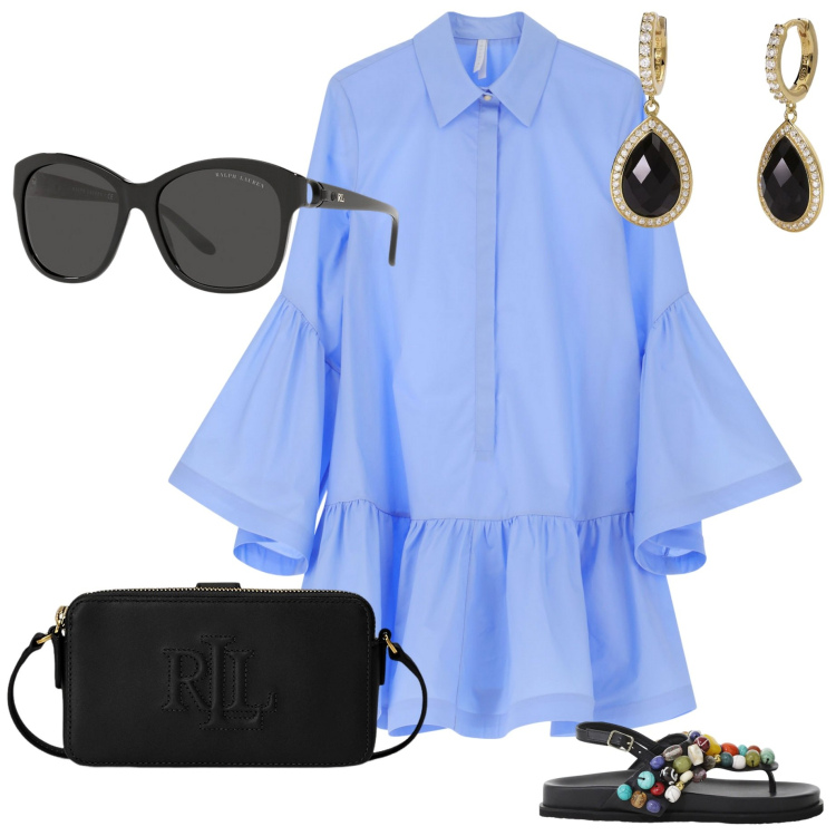 Outfit donna - Serata all\' aperto. Stile Chic per Serata fuori. Abbinamento con orecchini, vestiti chemisier, sandali gioiello, occhiali da sole, portafogli.