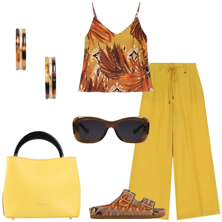 Outfit donna - Dinamica. Stile Casual per Tutti i giorni. Abbinamento con occhiali da sole, borse a mano, canottiere, pantaloni, orecchini, sandali.