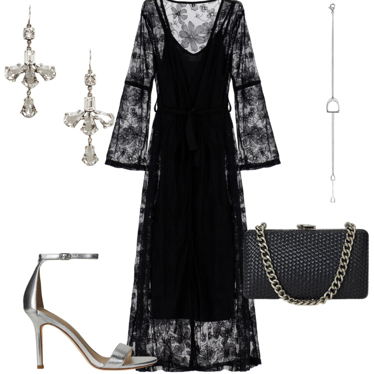 Outfit donna - Serata all\' aperto. Stile Chic per Serata fuori. Abbinamento con vestiti lunghi, braccialetti, clutch, orecchini, sandali in pelle.