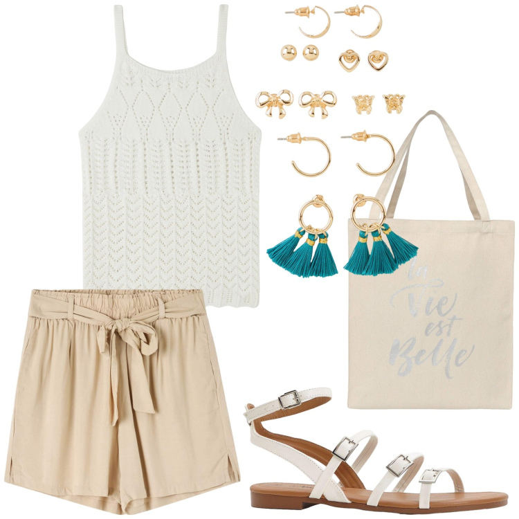 Outfit donna - Total look #2183060. Stile Basic per Tutti i giorni. Abbinamento con sandali, orecchini, borse tote, top, shorts.