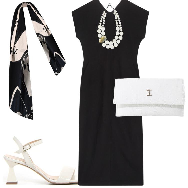 Outfit donna - Abito a giugno. Stile Casual chic per Serata fuori. Abbinamento con sciarpe, borse a tracolla, vestiti lunghi, ciondoli, sandali col tacco.