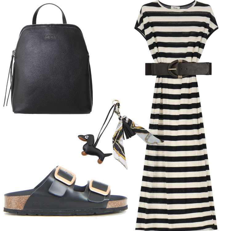 Outfit donna - Abito a giugno. Stile Casual chic per Tutti i giorni. Abbinamento con cinture, zaini, vestiti midi/longuette, portachiavi, ciabatte.