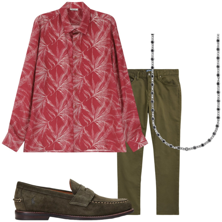 Outfit uomo - La camicia stampata. Stile Trendy per Tutti i giorni. Abbinamento con collane, camicie, pantaloni chino, scarpe stringate.