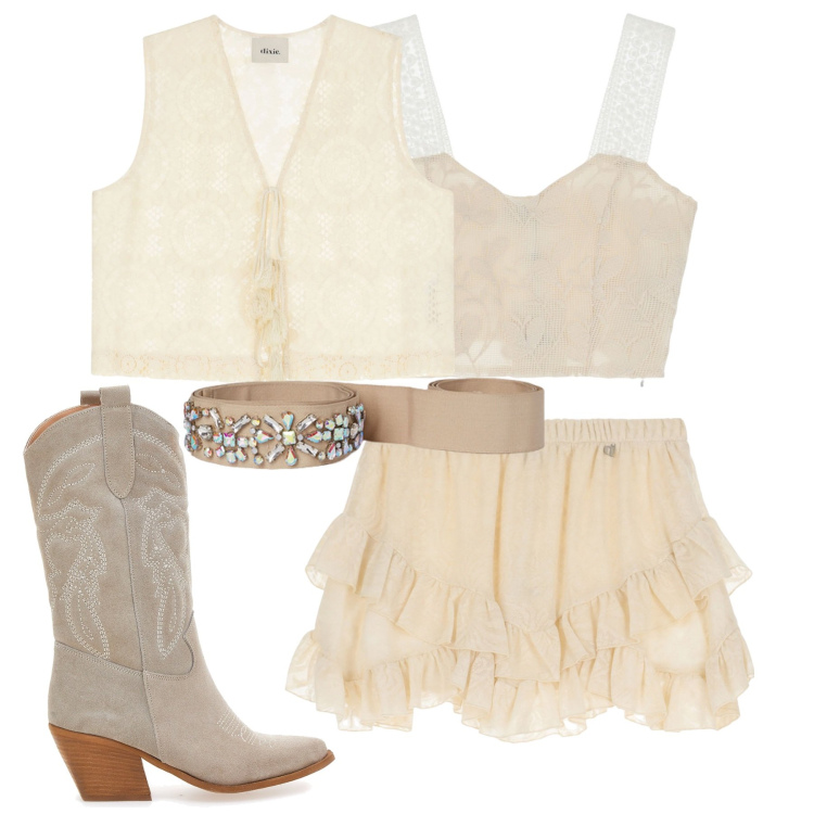 Outfit donna - City. Stile Boho per Tutti i giorni. Abbinamento con minigonne, gilet, top, stivaletti texani, cinture.