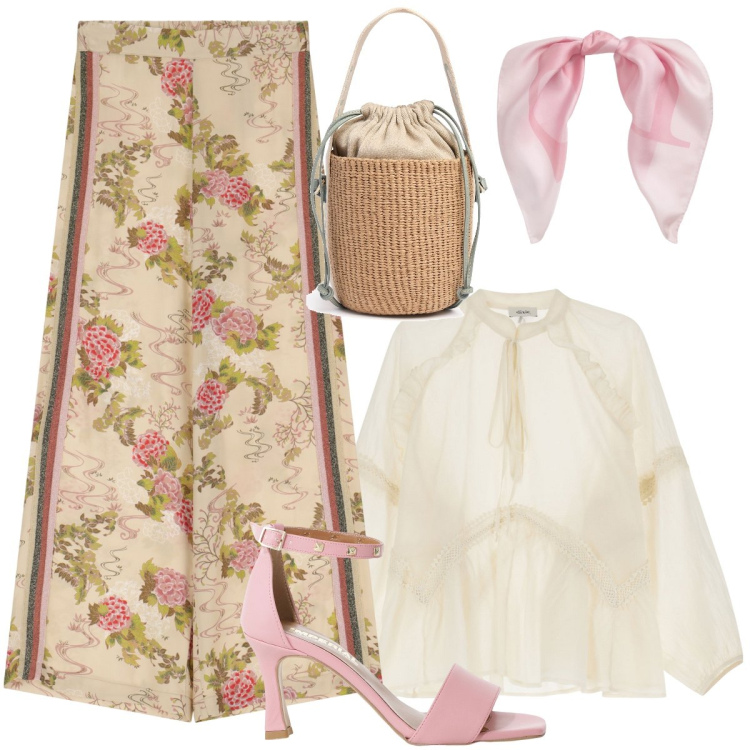 Outfit donna - Japanese flowers. Stile Casual chic per Cerimonia. Abbinamento con sandali col tacco, pantaloni a palazzo, bluse, foulard, borse a secchiello.