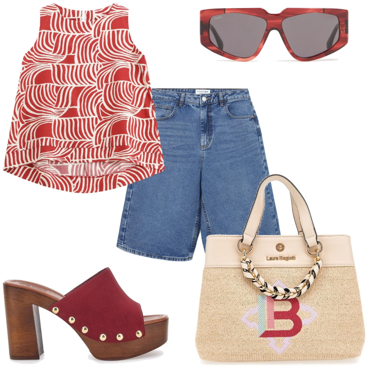 Outfit donna - Giorno di ferie. Stile Trendy per Tutti i giorni. Abbinamento con bermuda, top, zoccoli, borse a mano, occhiali da sole.
