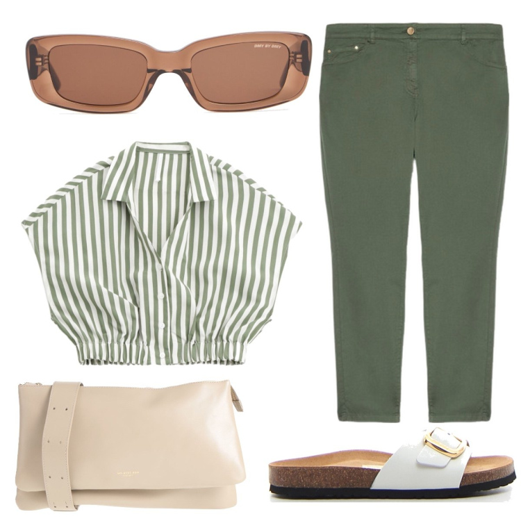 Outfit donna - Green and white. Stile Casual per Mare. Abbinamento con borse a tracolla, camicie a manica corta, pantaloni skinny, ciabatte, occhiali da sole.