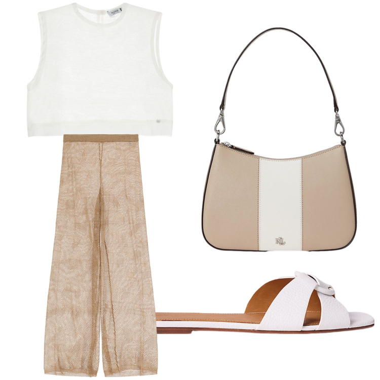Outfit donna - Aperitivo. Stile Trendy per Tutti i giorni. Abbinamento con pantaloni, top, borse a spalla, sandali in pelle.