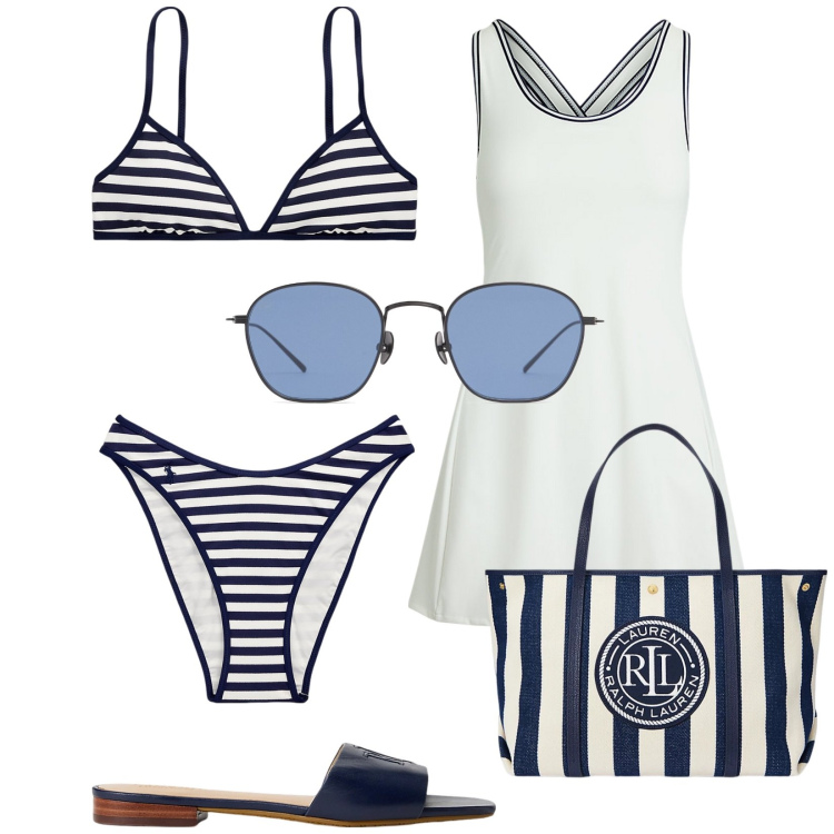 Outfit donna - Total look #2183101. Stile Trendy per Mare. Abbinamento con ciabatte, bikini, borse tote, vestiti, bikini, occhiali da sole.