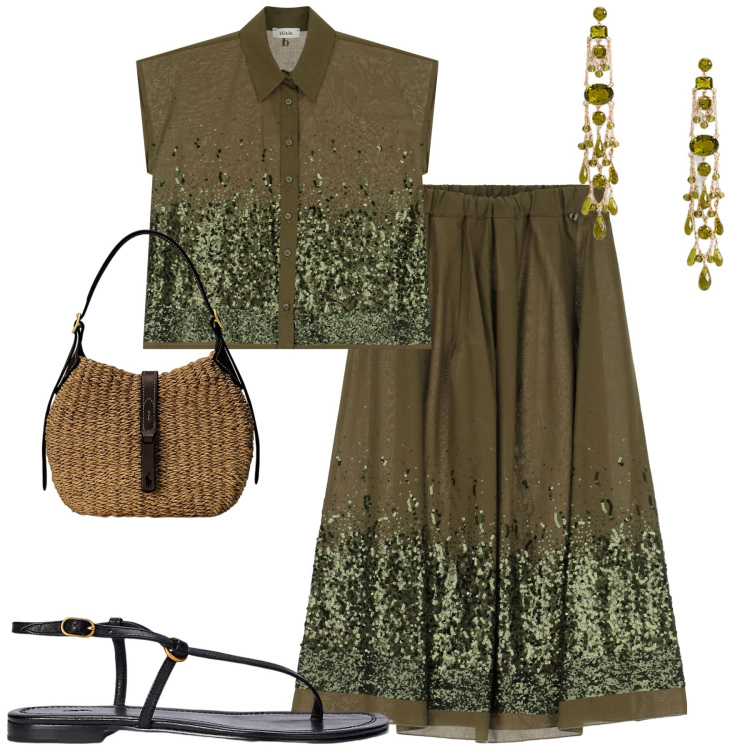 Outfit donna - Scintillante. Stile Boho per Serata fuori. Abbinamento con gonne lunghe, camicie a manica corta, sandali in pelle, borse a spalla, orecchini.