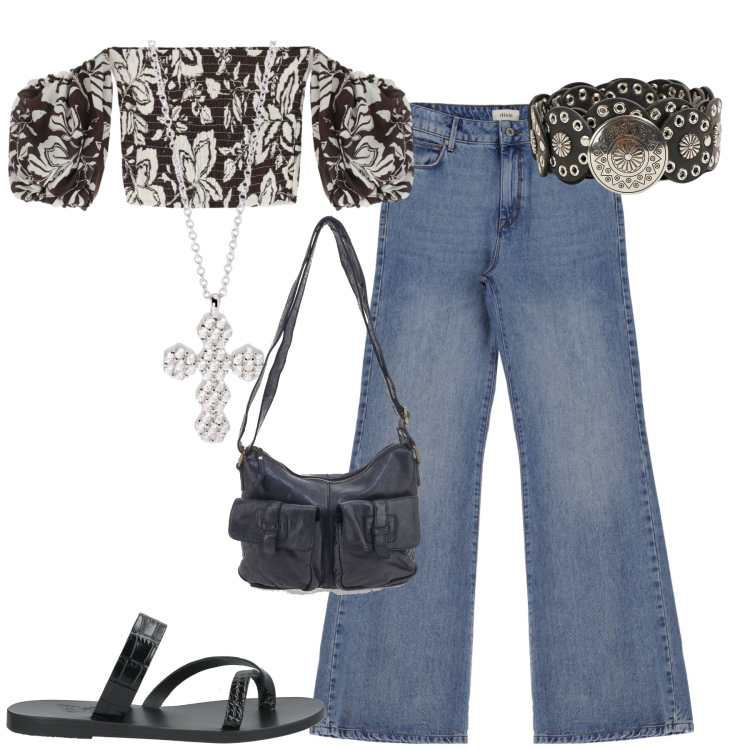 Outfit donna - Giugn0. Stile Boho per Tutti i giorni. Abbinamento con ciabatte, cinture, ciondoli, bluse, jeans, borse a tracolla.