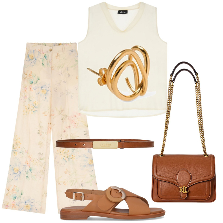 Outfit donna - Un caffè con Ida. Stile Casual per Tutti i giorni. Abbinamento con pantaloni, top, cinture, borse a spalla, sandali, orecchini.