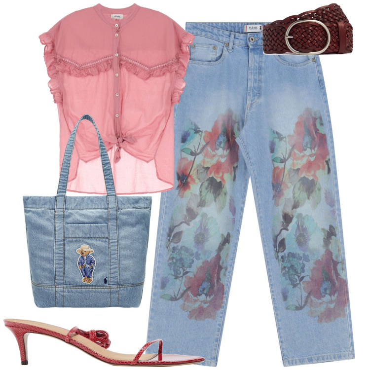 Outfit donna - Giugno. Stile Casual chic per Tutti i giorni. Abbinamento con sandali in pelle, jeans dritti, camicie a manica corta, borse tote, cinture.