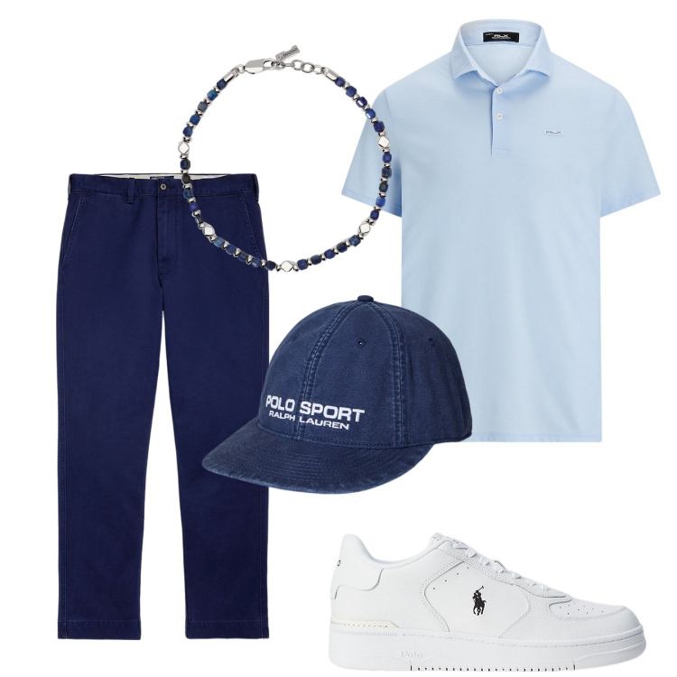 Outfit uomo - Total look #2183129. Stile Casual per Tutti i giorni. Abbinamento con braccialetti, sneakers, pantaloni chino, polo, berretti.