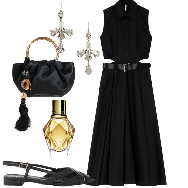Outfit donna - City. Stile Trendy per Tutti i giorni. Abbinamento con borse a mano, profumi, vestiti senza maniche, sandali, orecchini.
