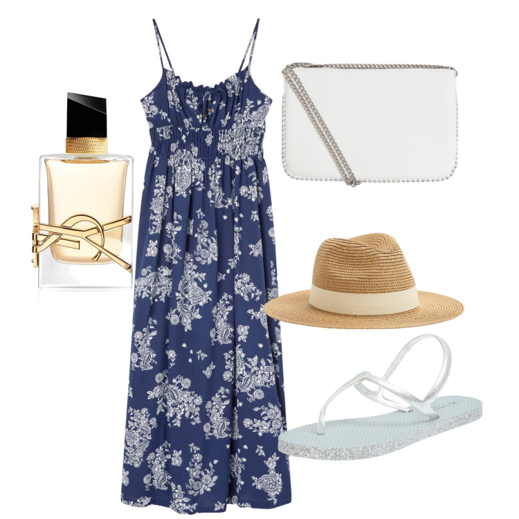 Outfit donna - Giugno. Stile Bon Ton per Tutti i giorni. Abbinamento con profumi, cappelli, sandali, vestiti lunghi, borse a tracolla.