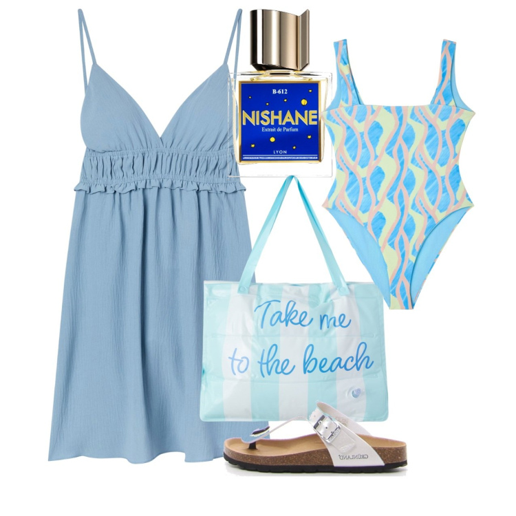 Outfit donna - Mare azzurro. Stile Bon Ton per Mare. Abbinamento con profumi, costumi interi, borse tote, vestiti corti, infradito.