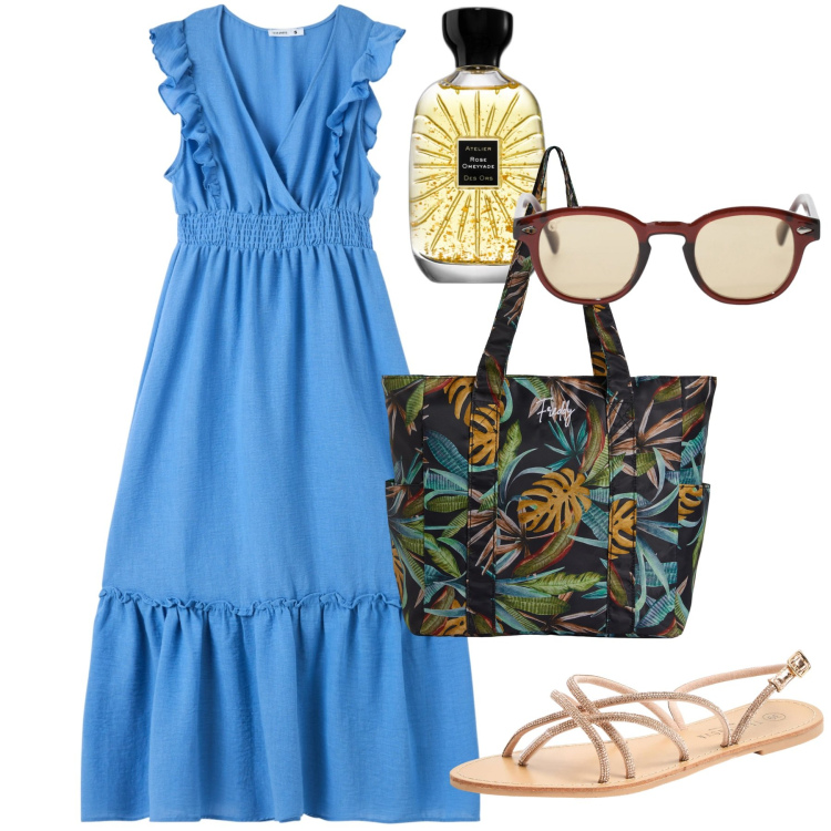 Outfit donna - Giugno. Stile Romantica per Tutti i giorni. Abbinamento con profumi, vestiti lunghi, sandali, occhiali da sole, shopping bag.
