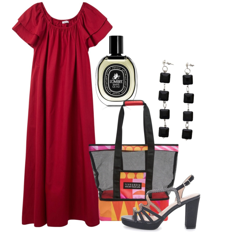 Outfit donna - Red june. Stile Bon Ton per Tutti i giorni. Abbinamento con profumi, vestiti lunghi, borse tote, orecchini, sandali col tacco.